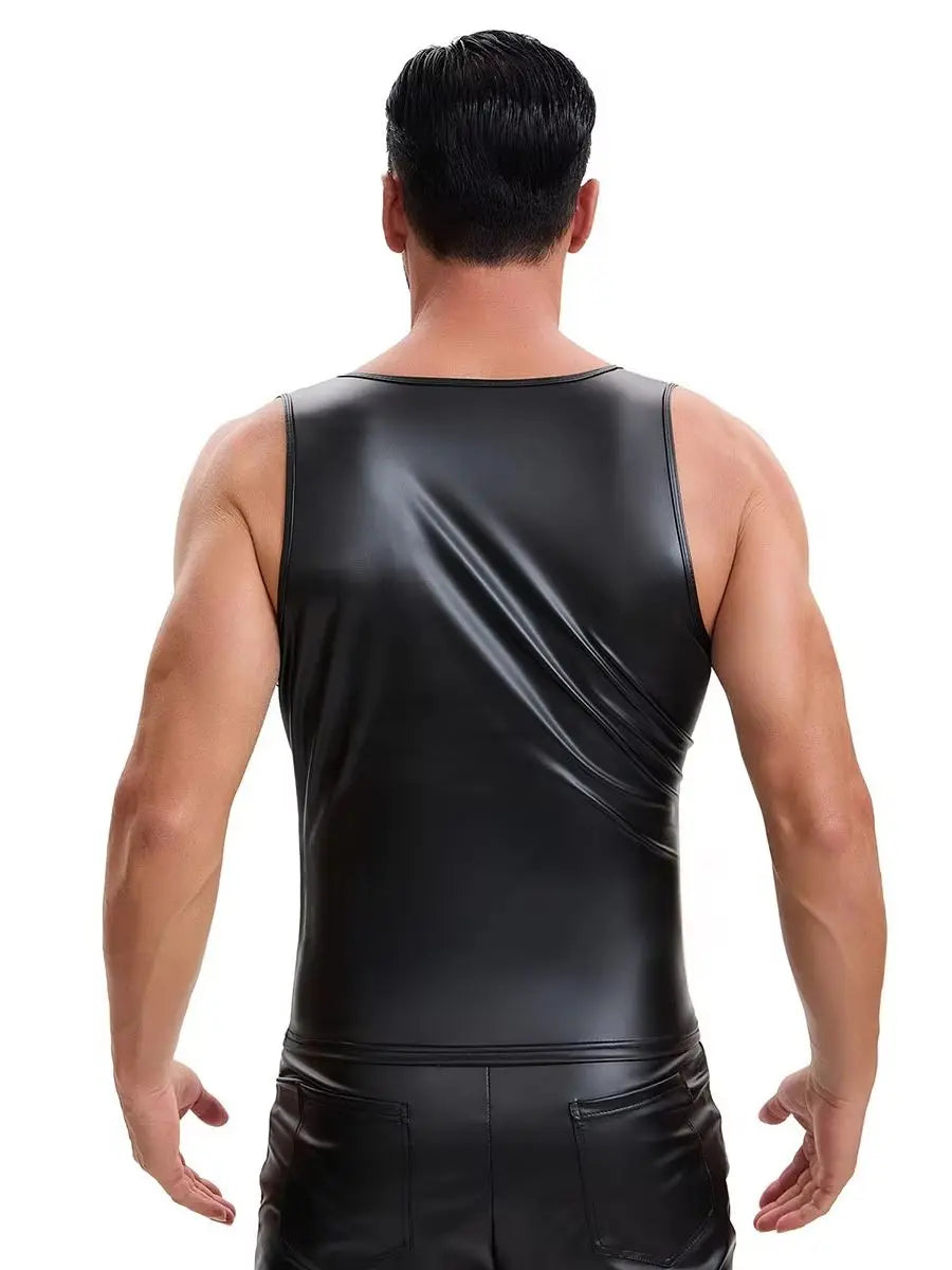S-7XL Deep V-neck Elastic PU Leather Tank Tops Sleeveless Shirts Tights Gym Fitness Tanktop Bodybuilding Shapers Vest Waistcoat