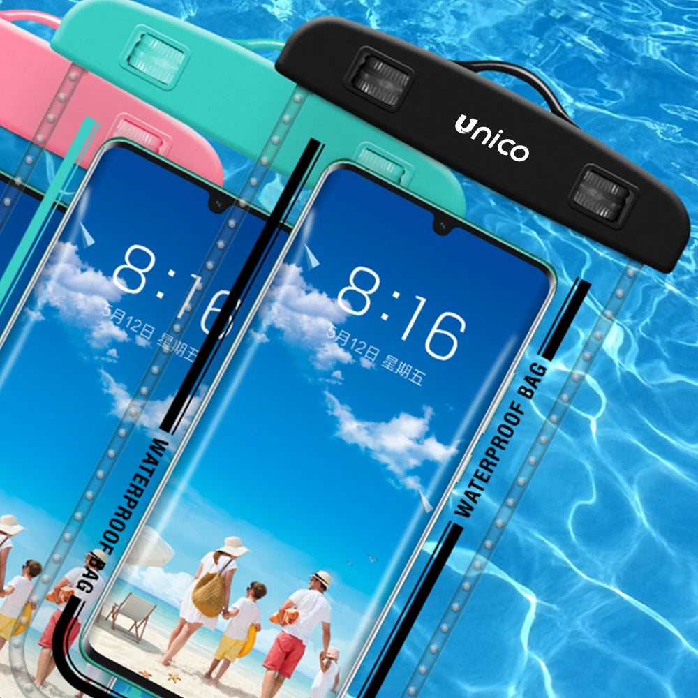 UNICO WJ1248 Waterproof Phone Case IPX8 30M Underwater 3-Side Stripes Design Protective Pouch with Lanyard Black RoHS