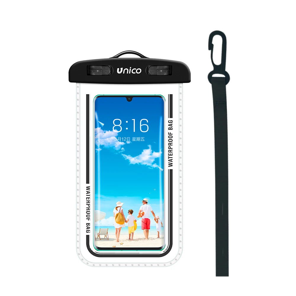 UNICO WJ1248 Waterproof Phone Case IPX8 30M Underwater 3-Side Stripes Design Protective Pouch with Lanyard Black RoHS