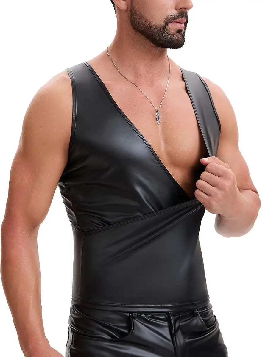 S-7XL Deep V-neck Elastic PU Leather Tank Tops Sleeveless Shirts Tights Gym Fitness Tanktop Bodybuilding Shapers Vest Waistcoat