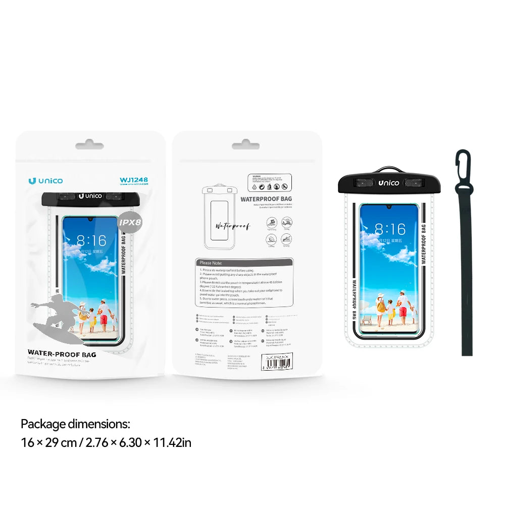 UNICO WJ1248 Waterproof Phone Case IPX8 30M Underwater 3-Side Stripes Design Protective Pouch with Lanyard Black RoHS