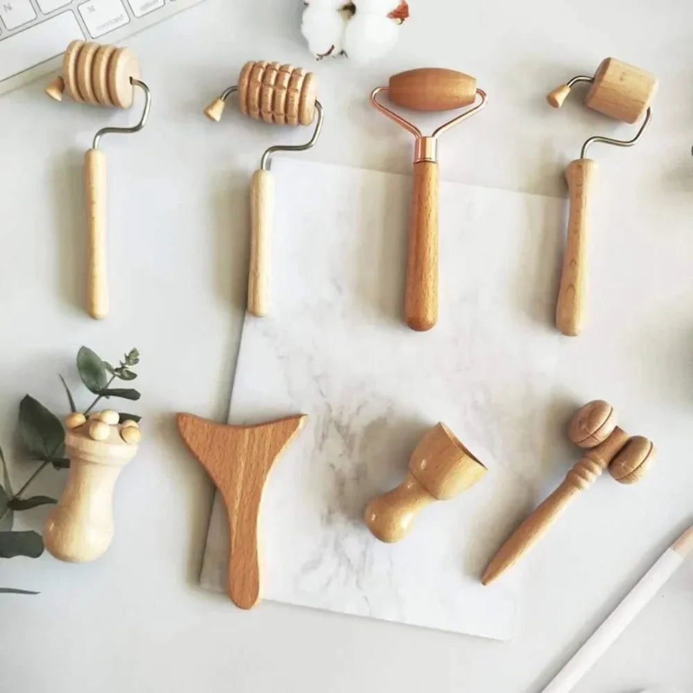6/7/8Pcs/Set Wooden Facial Massage Tools Roller Anti-Aging Face Massager Kit Durable Scraping Board Manual Massage Tools