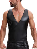 S-7XL Deep V-neck Elastic PU Leather Tank Tops Sleeveless Shirts Tights Gym Fitness Tanktop Bodybuilding Shapers Vest Waistcoat