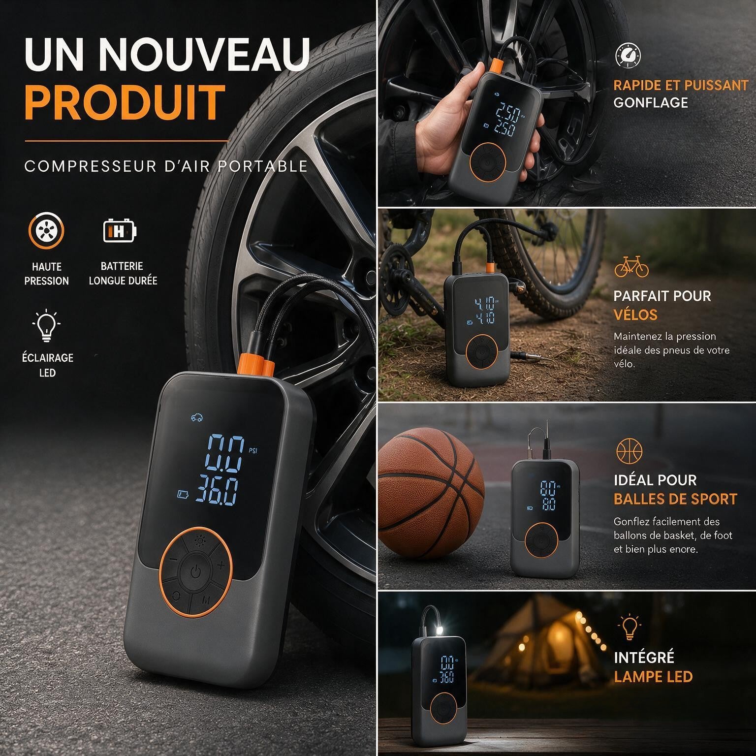 Mini Compresseur d'Air Sans Fil — Voiture, Vélo, Ballon