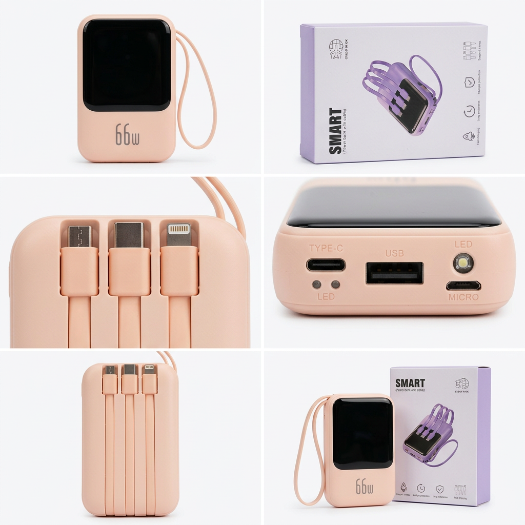 Batterie Externe 20000mAh avec Câbles Intégrés – Charge Rapide 66W